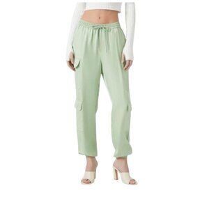 NEW Gorgeous Satin Mid-Rise Cargo Pants Size M Sage Green Joggers Elastic Waist‎